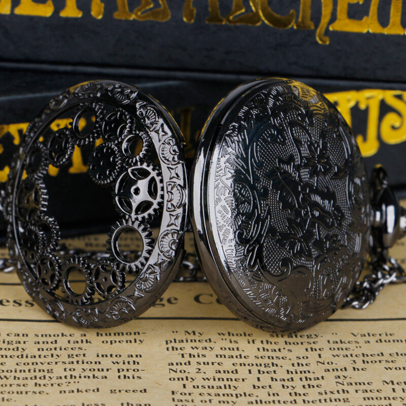 Relógio de bolso de quartzo oco vintage para homens e mulheres, cobre steampunk, engrenagem oca, corrente de relógio pendente