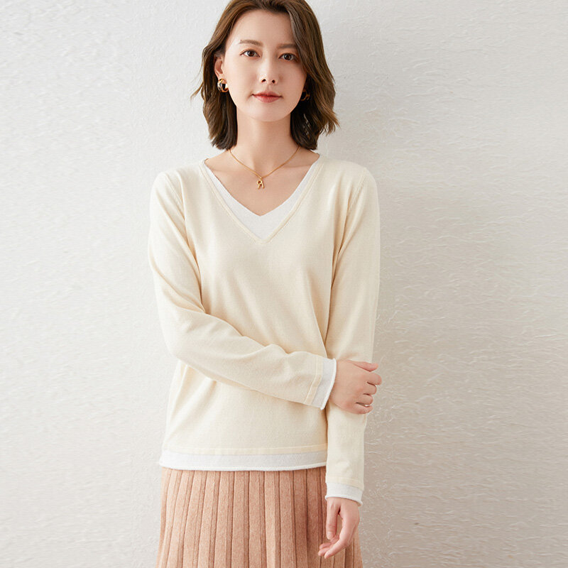 Suéter de lana de dos piezas falso para mujer, jersey de manga larga, suave y ondulado, con cuello en V, de Color, otoño e invierno, novedad de 2021