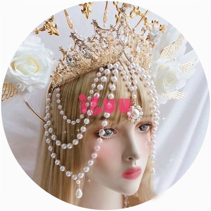 Lolita KC สีขาว Rose Angel Feather Wing เทพธิดา Sun Gold Halo Crown อุปกรณ์เสริมผม Mary Baroque ไข่มุก Tiara