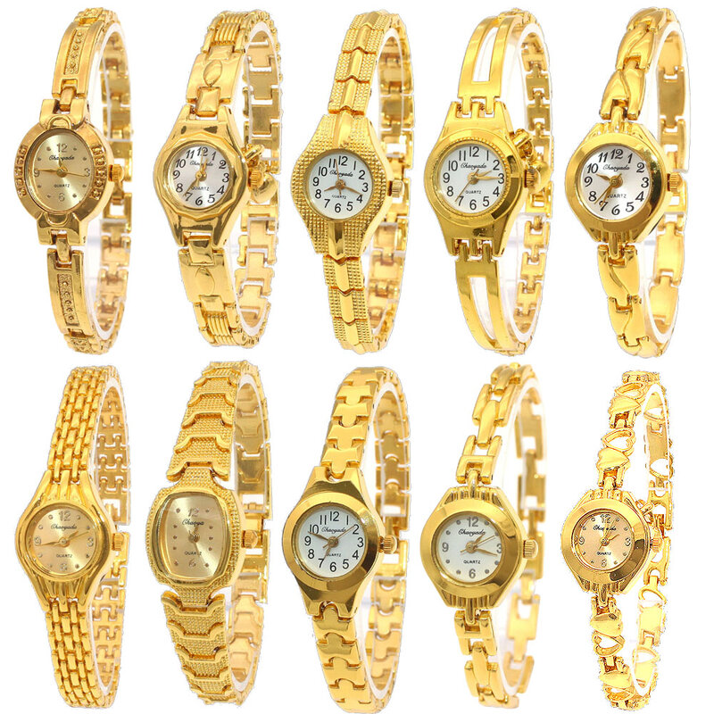 Relógio bonito feminino dourado quartz, relógio com pulseira pequeno mostrador popular para mulheres elegantes