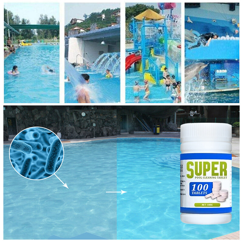 100 uds/botella de limpieza de piscina, tabletas de cloro efervescente, jaula desinfectante, clarificador de piscina, limpiador multifuncional