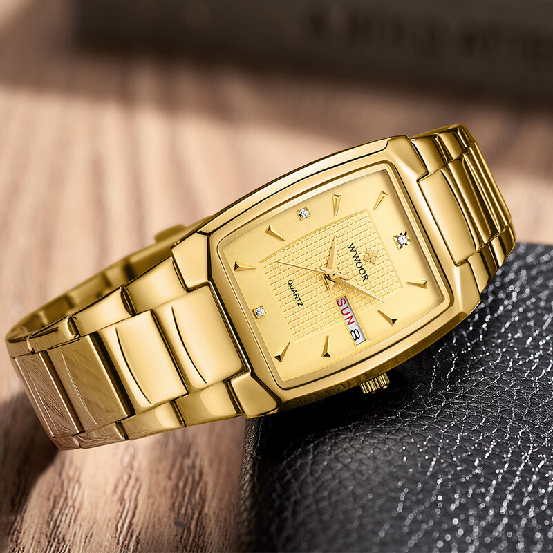 WWOOR-reloj cuadrado de acero inoxidable para hombre, cronógrafo de pulsera de cuarzo dorado con fecha de semana automática, de lujo, nuevo, 2024