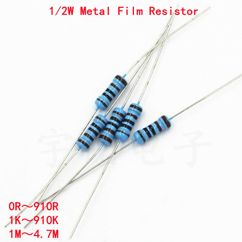 50pcs 1/2W 1R ~ 4.7M Metal Film Resistor 100R 220R 330R 1K 1.5K 2.2K 3.3K 4.7K 47 22 10K K K 100K 100 220 330 1K5 2K2 3K3 2.2M Ohm