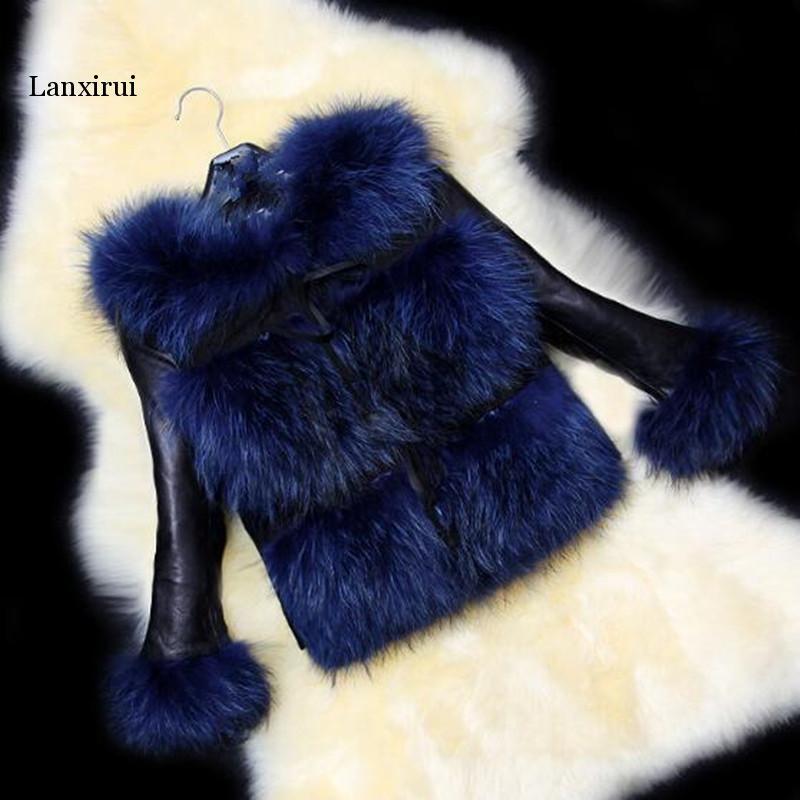 Moda jesień/zima kurtka krótki płaszcz kobiety odzież Casual kurtka ze skóry sztucznej łączone imitacja futra lisa futro