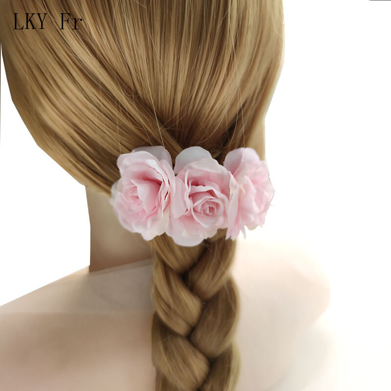 LKY Fr tocado de novia de boda, flores de seda, rosas, horquillas artificiales, tocado de novia azul y rosa, accesorios para el cabello para niña