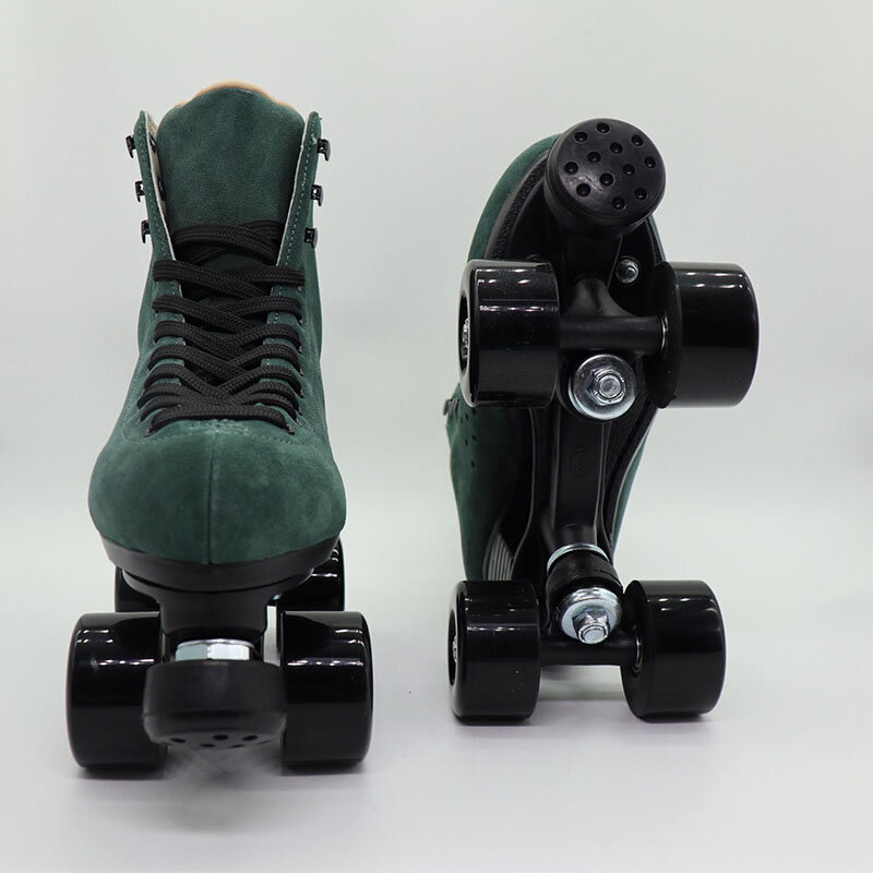Jasper Green Quad Roller Skate para hombres y mujeres, cuero de gamuza, doble línea Skate, Pro Sport, Retro 4 Wheel Patines Shoes
