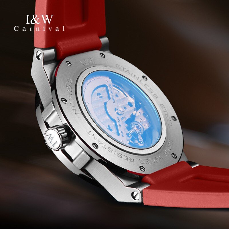 Relogio masculino marca de luxo i & w novo relógio automático esqueleto relógios masculinos safira miyota movimento 5bar esporte relógio para homem