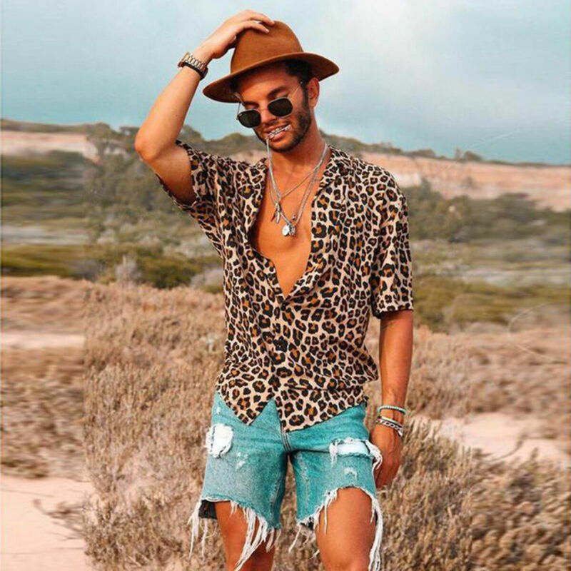 S-3XL Plus Size Men Shirts Tops Men Vintage Leopard Print Shirts For Men Summer Casual Short Sleeve Loose Shirt Man Blouses Tops
