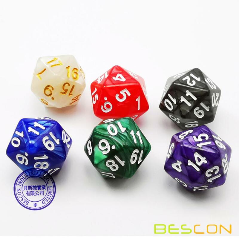 Bescon-dados giratorios D20, 22MM, colores variados de mármol, juego de 6 piezas
