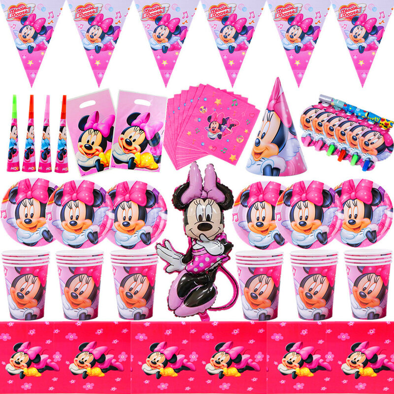 Fournitures de fête à thème Disney Minnie Mouse rose, fournitures de fête à thème en papier, tasses, assiettes, casquettes, pailles, sacs cadeaux pour enfants filles, décor de fête d'anniversaire pour bébé