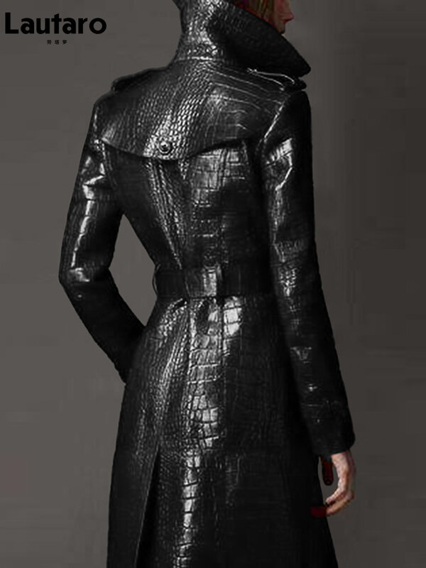 Lautaro Autumn Long Black Crocodile Pattern Pu Leather Trench Coat for Women Belt Double Breasted Stylish British Style Fashion