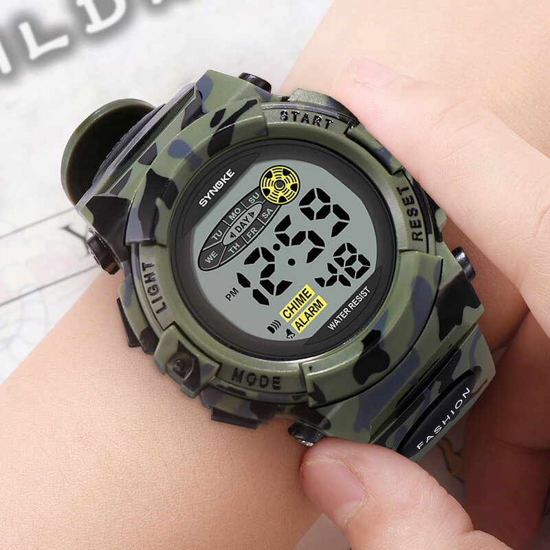 SYNOKE dzieci zegarki moda sportowa wojskowy wodoodporny kolorowe światła LED dzieci zegarek kamuflaż chłopcy zegarek studencki Relogio