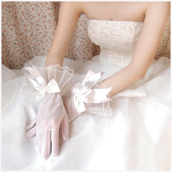 Black Organza Wrist Length Gloves with Lace/Bow 2022
