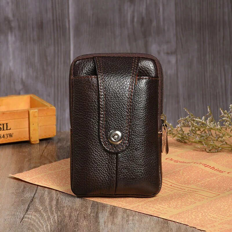 Cross-Border Leather Men's Leather Belt Verticle Mobile Phone Bag Leather Retro Outdoor Sports Site Small Pockets Wholesale