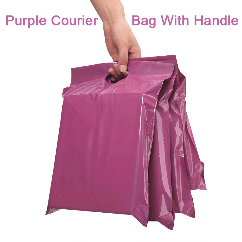 10 個紫トートバッグ特急袋ハンドルクーリエバッグ自己シール接着剤の厚さと防水プラスチックポリ封筒郵送バッグ