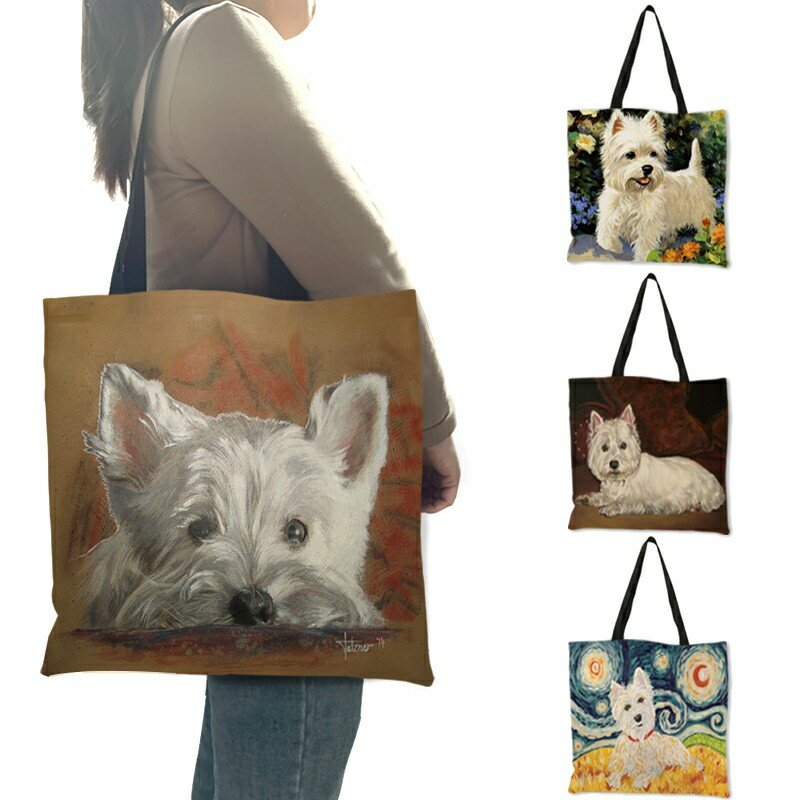 女性のための犬の絵が描かれたハンドバッグ,ユニークなデザイン,ショッピング,旅行,大容量,エコロジカルリネントートバッグ,ドロップシッピング
