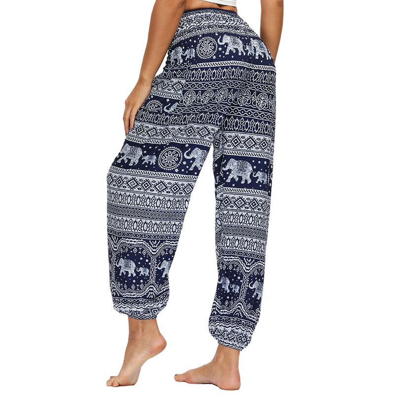 Для женщин брюки Бохо штаны-шаровары со сборками для йоги с завышенной талией в стиле хиппи, Palazzo, с карманами, свободные пляжные брюки