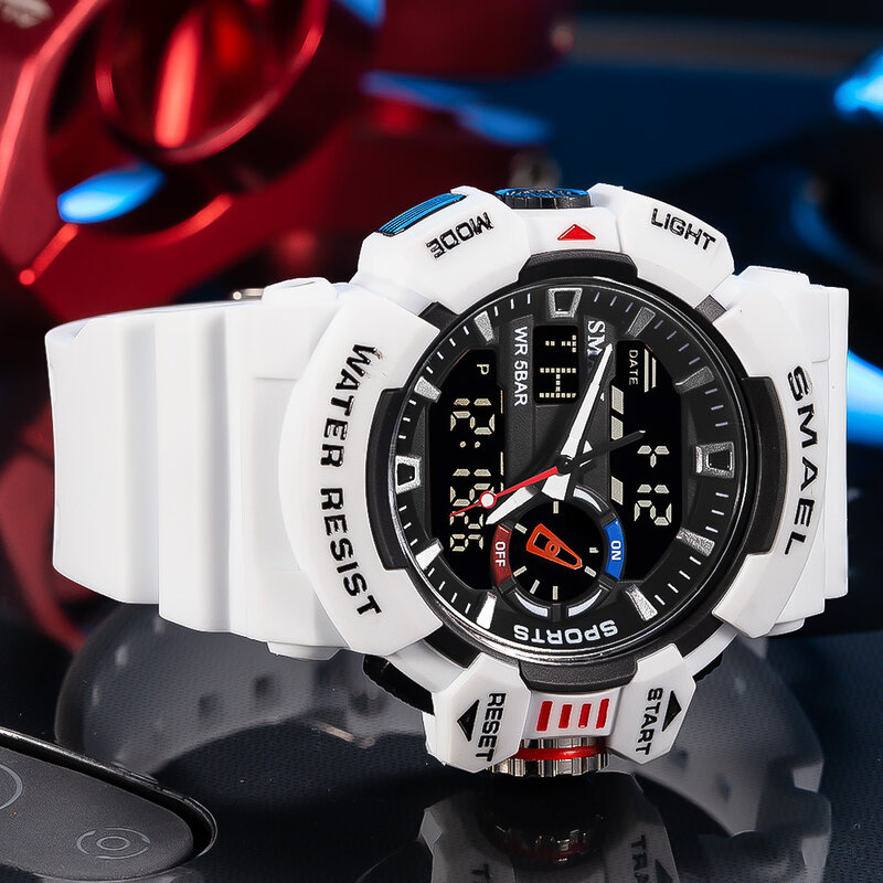 SMAEL-밀리터리 스포츠 방수 손목 시계 스톱워치, 알람 LED 라이트 디지털 시계 남성용 큰 다이얼 시계 8043