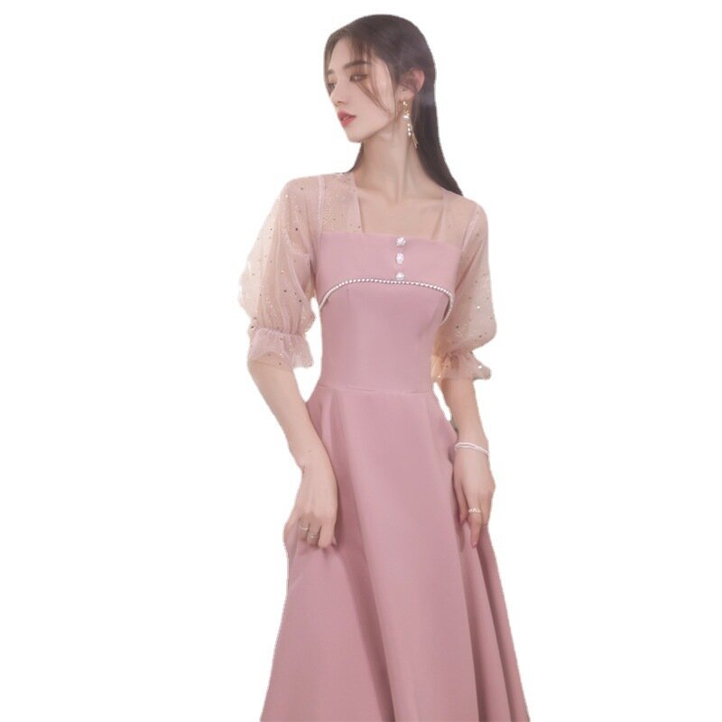 Women Pink Semi-Formal Dress O-Neck Bubble Sleeve Elegant Party Gowns Tea-Length Embroidery Draped Waist Formal Prom Dresses