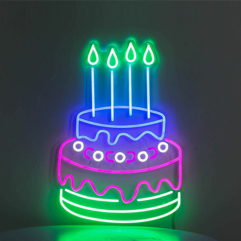 Sinal de tira de néon flexível colorido bolo de aniversário luz de néon sobremesa festa de aniversário fundos luz de néon artful bday presente arte de néon