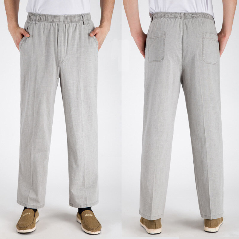 Pantalones de lino y algodón para hombre, pantalón holgado de cintura elástica, liso, talla grande 5XL