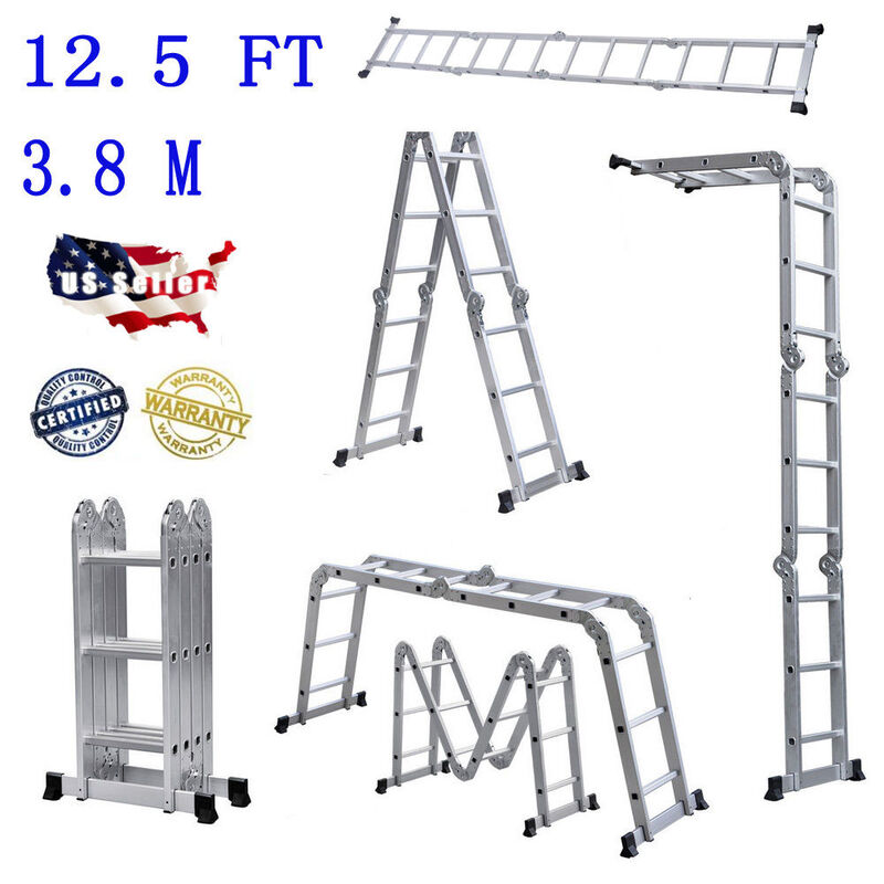 US Warehouse Practical 12-Step Joints Aluminum Folding Ladder Silver Folding Telescopic Ladder