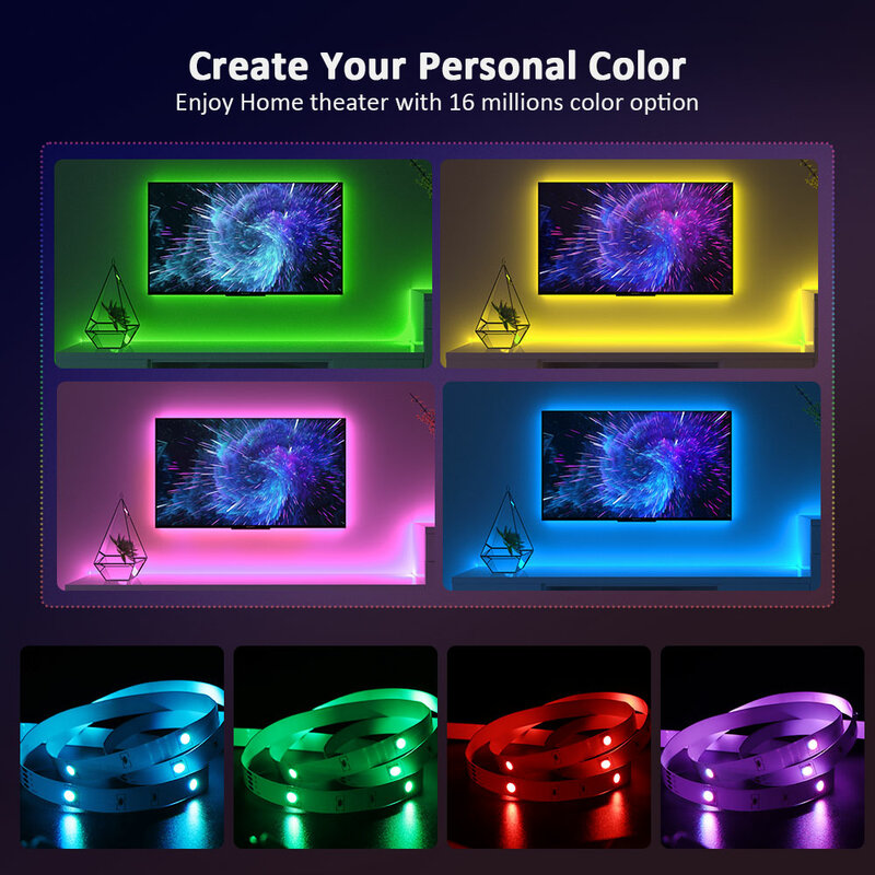 ColorRGB, Backlight สำหรับทีวี,USB Powered แถบไฟ LED Light,RGB5050สำหรับ24นิ้ว-60นิ้ว,กระจก,PC, APP Control Bias