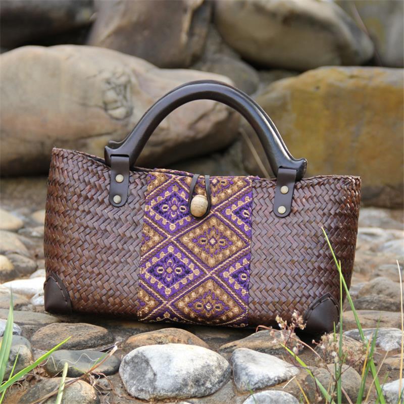 حقيبة يد روطان على الطراز الصيني الأصلي ، 32 × 12 سنتيمتر ، صناعة يدوية ، بمقبض خشبي قديم ، a6103