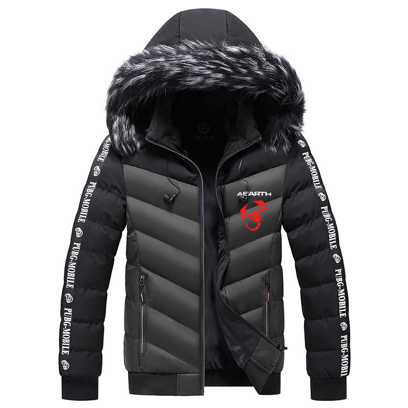 2021New fur collar zip jacket windproof coat abarth logo print Winter men's hooded down cotton jacket Warm parka coat
