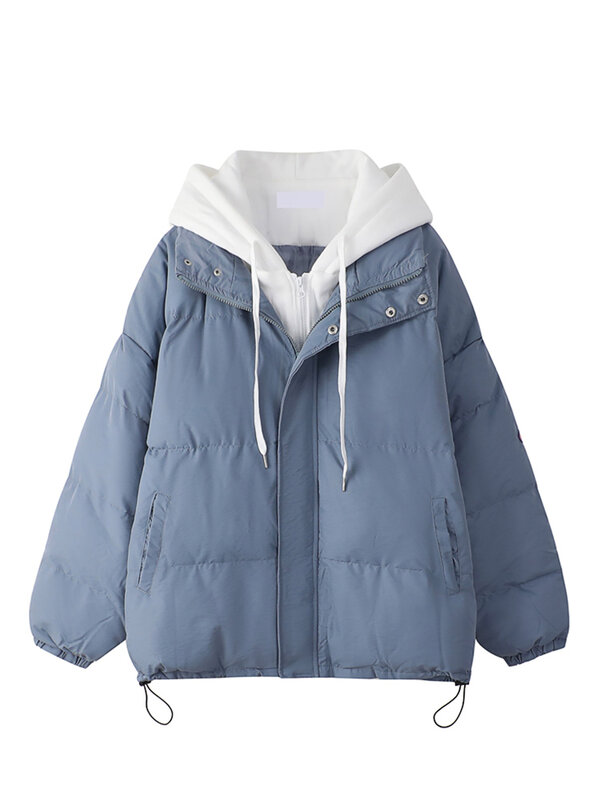 2022 겨울 파카 짧은 재킷 따뜻한 두꺼운 후드 면화 재킷 여성 캐주얼 느슨한 면화 패딩 코트 가짜 두 조각