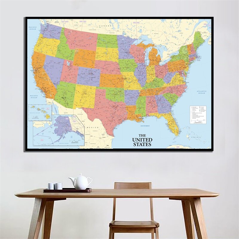 国の旗、米国の地図、物理的な世界地図、オフィス、学用品、84x59cmの細かい印刷マップ