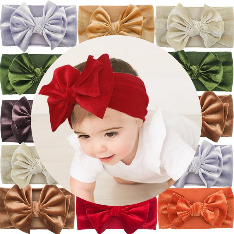 New Baby Girl Headband Infant Hair Solid Color Bows Newborn Headwear Golden Velvet Toddler Bandage Ribbon Soft Bowknot