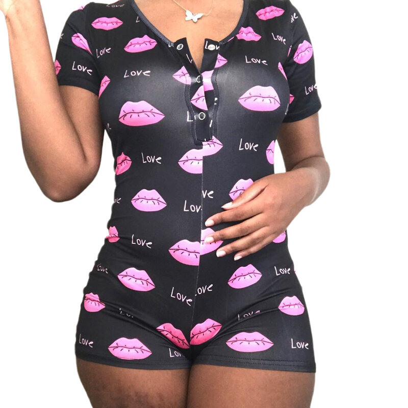 Female Short Sleeve Printed Home Clothing Nightwear Floral Print V-Neck Jumpsuit New Bodysuit Pajamas for Girls