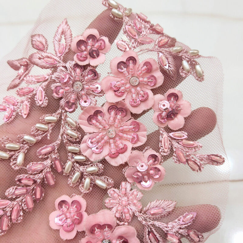 Net Fios costurados à mão grânulos em flor, DIY Bordados, Lace Applique, Acessórios para vestidos de casamento, 1 Par