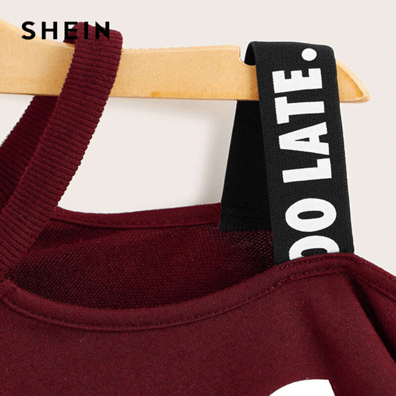 SHEIN Kiddie Letter Print Cold One Shoulder Pullover With Strap Kids Tops 2019 Autumn Long Sleeve Child Casual Sweatshirt