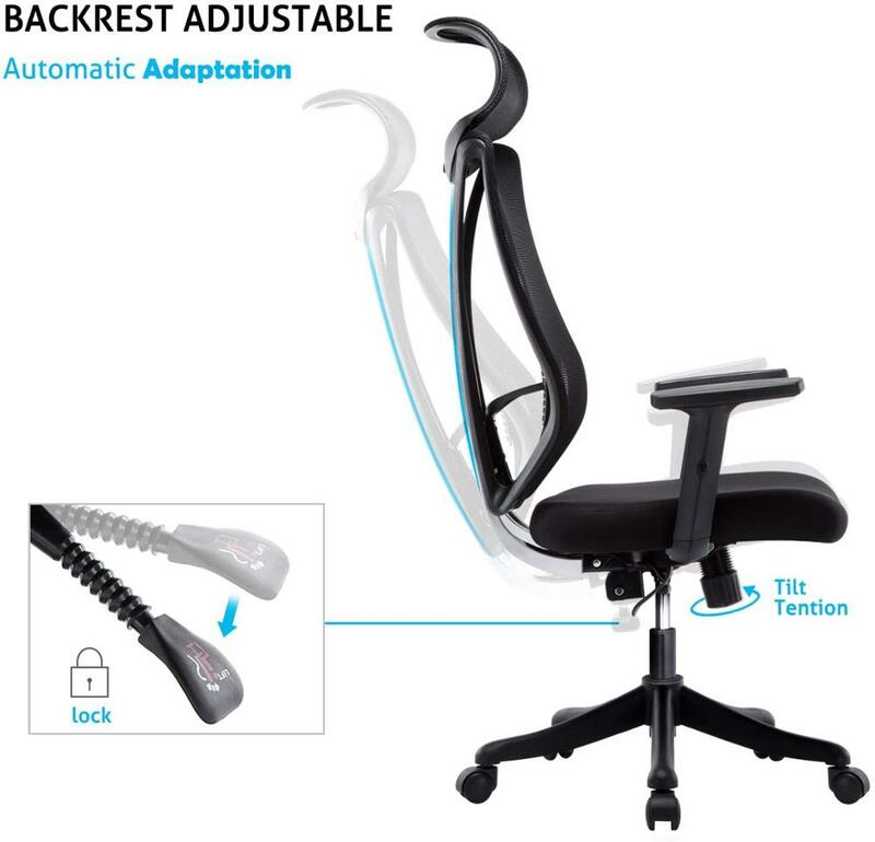 Chaise de bureau exécutive ergonomique à dossier haut accoudoirs réglables Support de tête de chaise d'ordinateur en maille