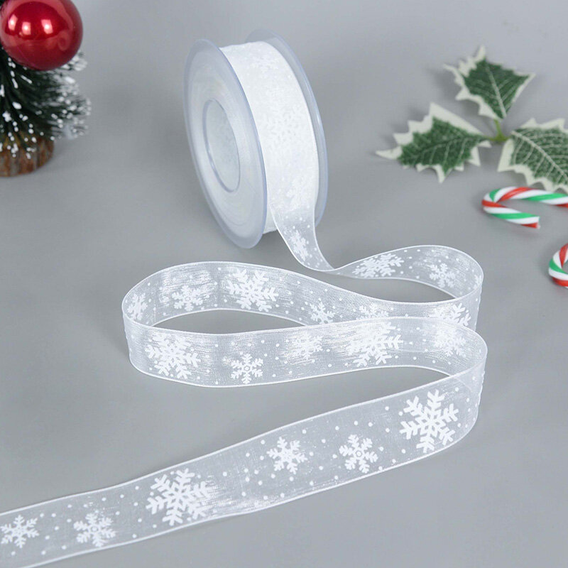 20/5m Christmas Gift Wrapper Ribbon Crystal White Snowflake Tape for Christmas Present Packaging Xmas Tree Decorative Ribbon