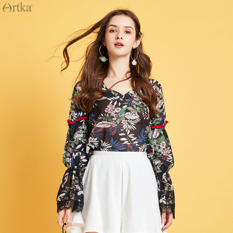 Artka 2020 primavera verão nova blusa feminina vintage impressão alargamento manga chiffon camisa com decote em v solto elegante rendas camisas sa25108c