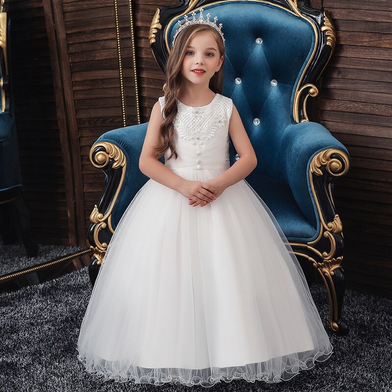 Nowy rok księżniczka Party Flower sukienka dla dziewczynek Vintage białe dzieci pierwsza komunia sukienki na wesele formalna suknia balowa