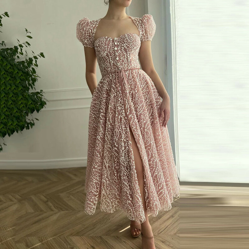 핑크 풀 레이스 무도회 드레스, 반팔 벨트 리본 가운, 연인 슬릿 티 길이 무도회 가운