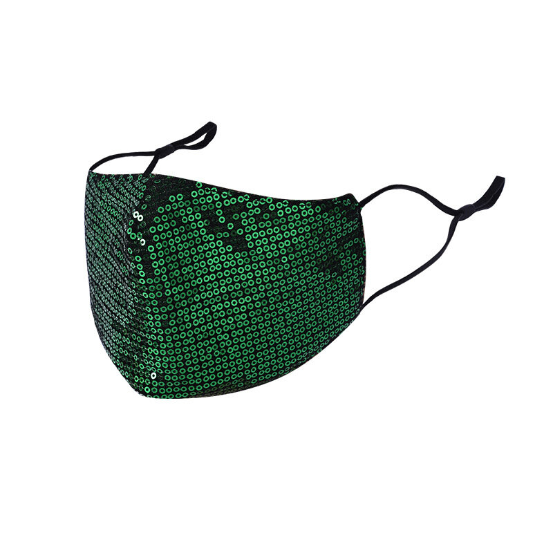 2 PC  Fashion Bling Sequined Personality Shiny Dust mask Three-layer Cotton Replaceable Filter Colorful  Women Mask Green