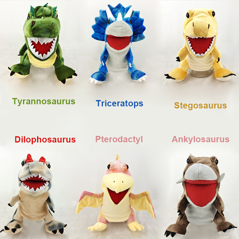 Marioneta de mano de dinosaurio de 11 estilos, juguetes de peluche, rendimiento de jardín de infantes, control de mano, tiranosaurio, Dilophosaurus, nuevo
