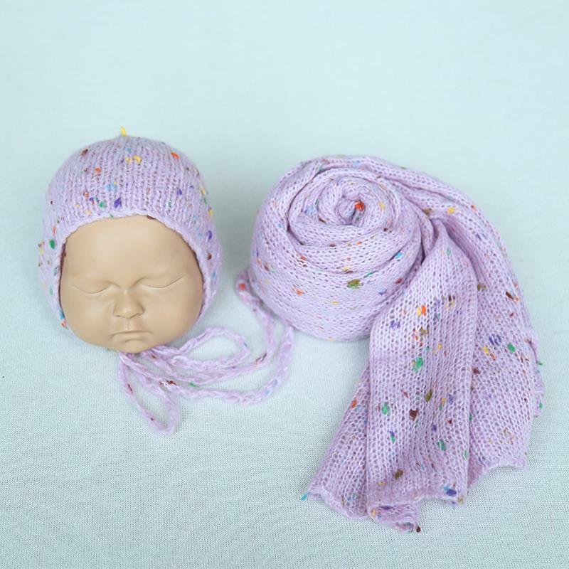 Manta elástica de ganchillo para recién nacido, conjunto de gorro para bebé, accesorios de fotografía, manta envolvente para sesión de fotos