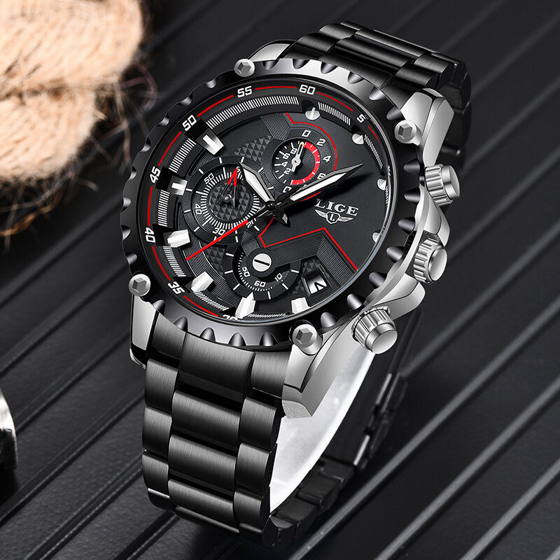 LIGE-Relógio Quartzo Impermeável Masculino, Todo Aço, Exército, Militar, Esporte, Luxo, Moda, Top Brand