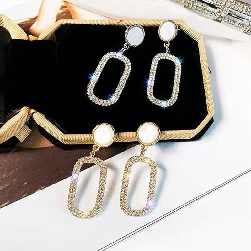 Lagemisay luz de luxo concha cheia strass oval brincos para mulher ouro prata temperamento geométrico brincos nova jóia