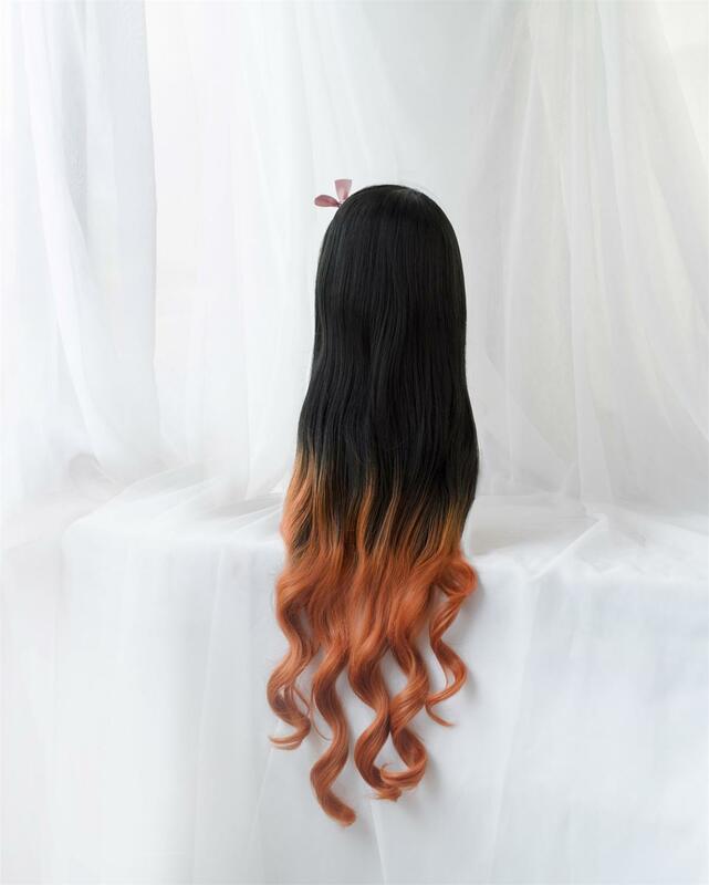 Pré-venda uwowo demônio slayer: kimetsu não yaiba kamado nezuko cosplay peruca 95cm longo ondulado preto laranja gradiente peruca