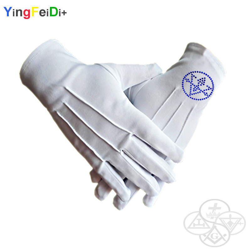 Round hot diamond square and compass Freemason's high quality Middle East flat thermoset rhinestone polyester gloves- [White]