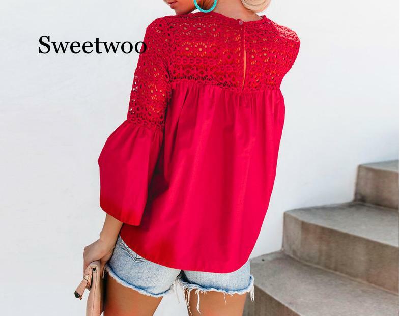 High Street Women Blouses Flare Sleeve Shirts Women Tops And Blouses 2020 Autumn Lace Patchwork Blousa Fashion Hollow Out Blouse