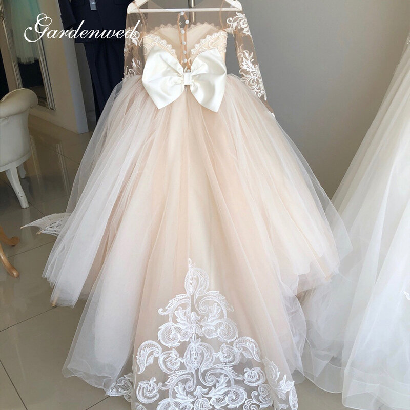 Puffy Tulle Lace Ball Gown Flower Girl Dresses manica lunga Girl Princess Dress Illusion Girl Wedding Party Dress prima comunione