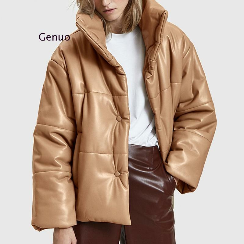 Stand Collar PU Leather Parkas Women Fashion Solid High Imitation Leather Coats Women Elegant Thick Cotton Jackets Female Ladies